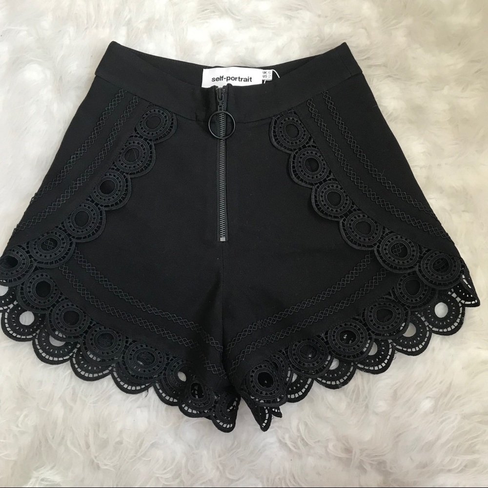 Self-Portrait Black Scalloped Lace Trim High-Waist Shorts